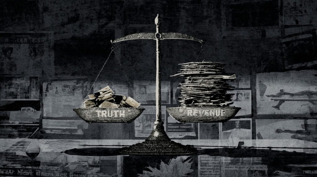 The concept art depicts a weighing scale that balances truth and revenue, symbolizing the conflict between media ethics and advertising in Indian news.