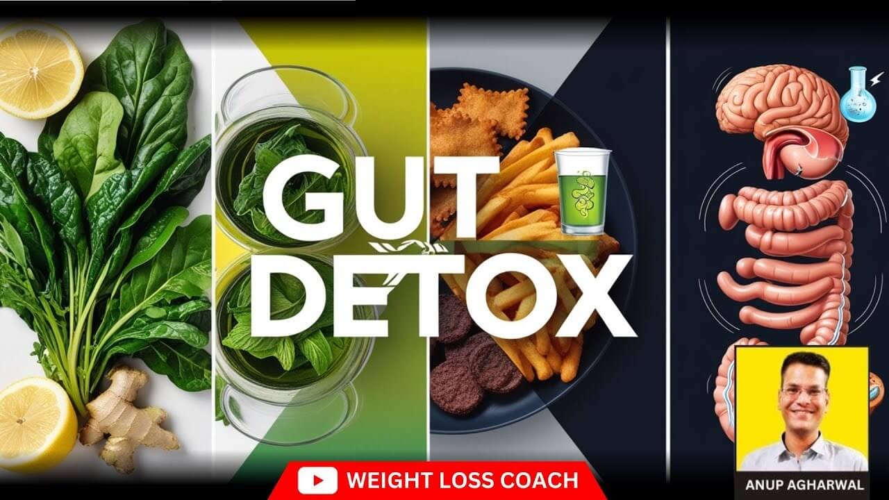 A graphic promoting gut detox for weight loss featuring a split image with healthy foods like spinach, ginger, lemon, and mint tea on the left, and unhealthy fried foods on the right. The text 'GUT DETOX' is prominently displayed in the center. On the right side, an illustration of the human digestive system is shown. At the bottom, there is a red banner with a YouTube icon and the text 'WEIGHT LOSS COACH'. A small photo of a man with glasses, smiling, labeled 'ANUP AGHARWAL' is in the bottom right corner.