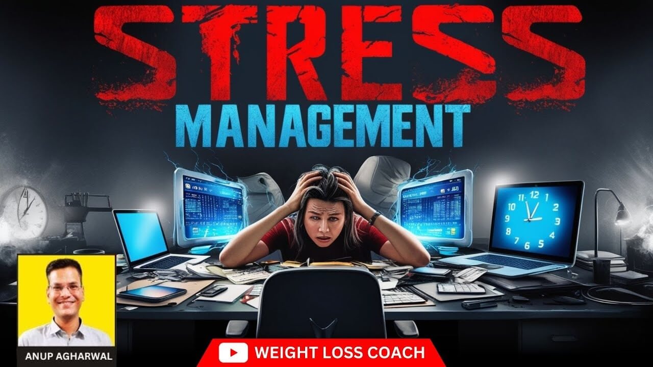 Stressed woman holding her head at a cluttered office desk with multiple computer screens, under the bold title "Stress Management", featuring Anup Agharwal - Weight Loss Coach.