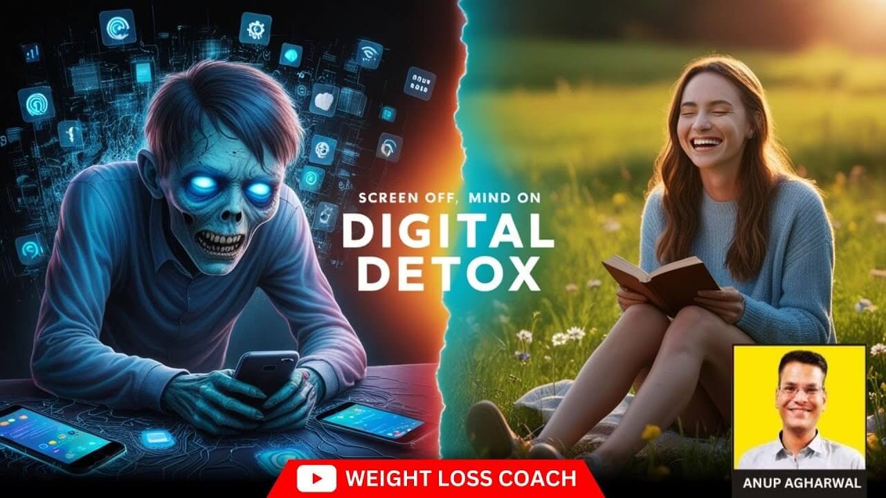 Split-screen image contrasting digital addiction and digital detox. On the left, a zombie-like figure with glowing blue eyes intensely stares at a smartphone, surrounded by floating social media and app icons, representing digital overload. On the right, a happy young woman sits in a sunny meadow, smiling while reading a book, symbolizing peace and mental clarity. Center text reads: 'Screen Off, Mind On – Digital Detox'. Bottom right corner features a small photo of Anup Aghrawal with a yellow background. Bottom center includes a red YouTube subscribe button labeled 'Weight Loss Coach'.