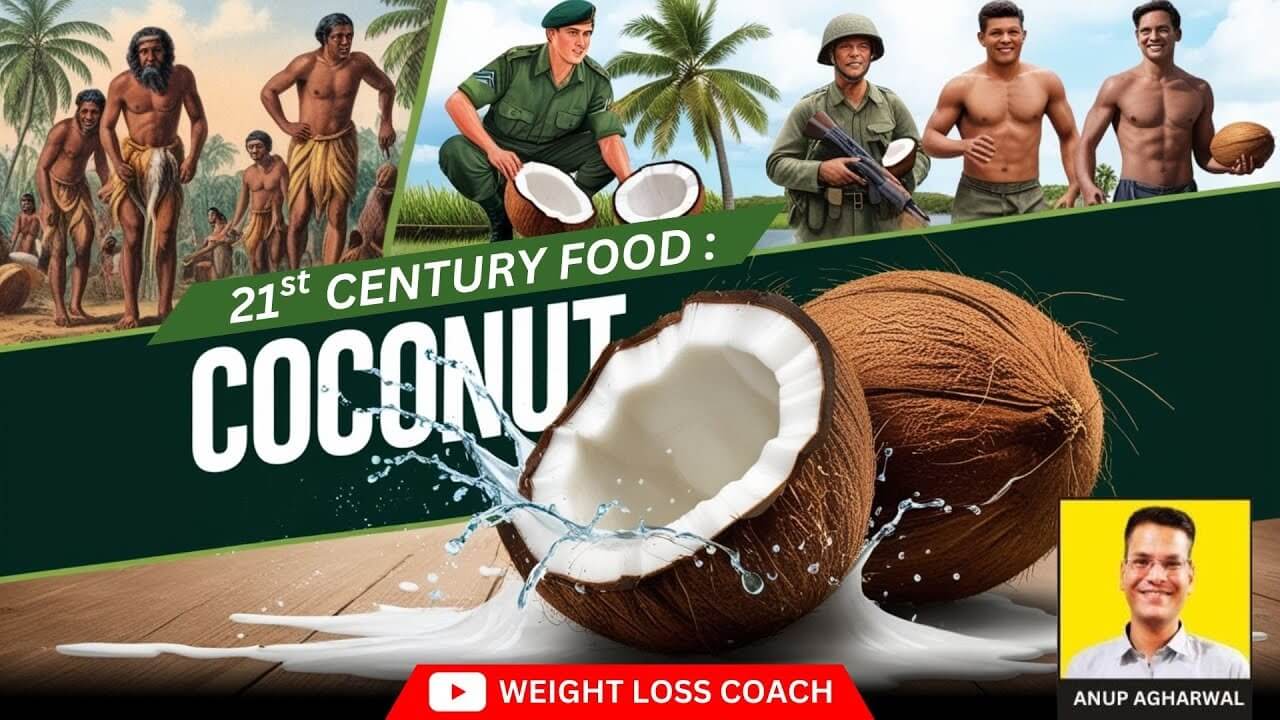 Visual collage showing the evolution of coconut consumption—from traditional harvesters to modern soldiers and athletes—highlighting coconut as a 21st-century superfood. Foreground shows split coconut with water splashing, and a photo of Anup Agharwal labeled 'Weight Loss Coach'.