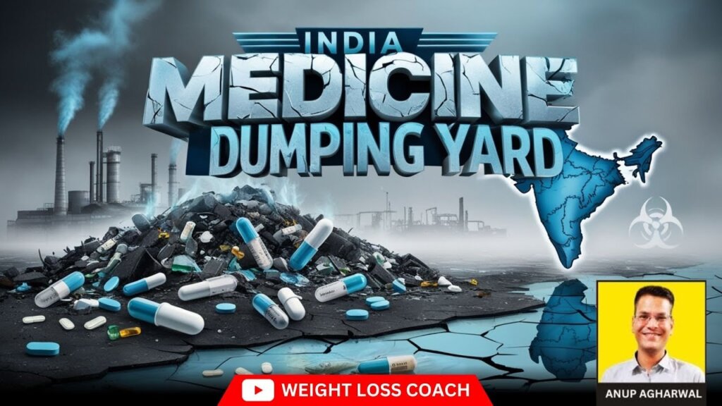 Illustration showing a massive pile of discarded pills and capsules labeled “India Medicine Dumping Yard” with a cracked ground and industrial pollution in the background. A toxic waste symbol and a map of India highlight the issue. Anup Agharwal, labeled as a Weight Loss Coach, appears in the bottom right corner.