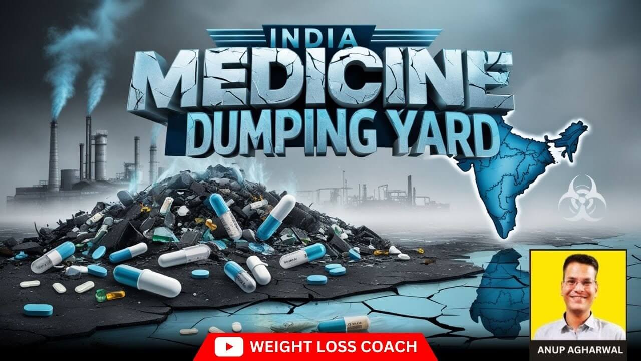 Illustration showing a massive pile of discarded pills and capsules labeled “India Medicine Dumping Yard” with a cracked ground and industrial pollution in the background. A toxic waste symbol and a map of India highlight the issue. Anup Agharwal, labeled as a Weight Loss Coach, appears in the bottom right corner.