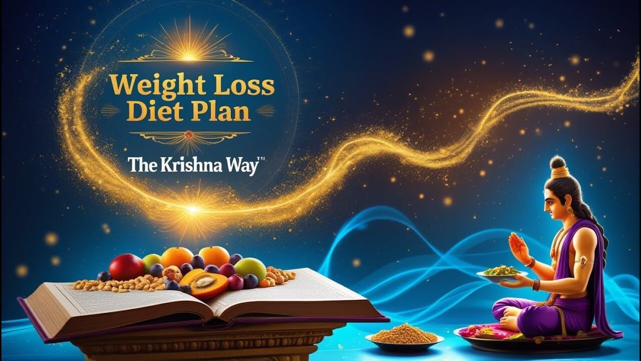 Weight Loss Diet Plan – The Krishna Way, featuring a spiritual theme with Lord Krishna offering food, an open scripture with fruits and grains, and glowing golden energy waves on a blue background.