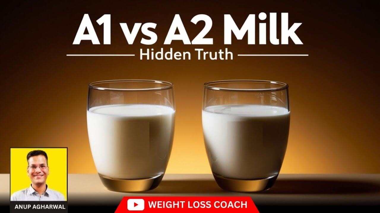 A1 vs A2 Milk comparison with two glasses of milk and the title "Hidden Truth", presented by Weight Loss Coach Anup Aghrawal.