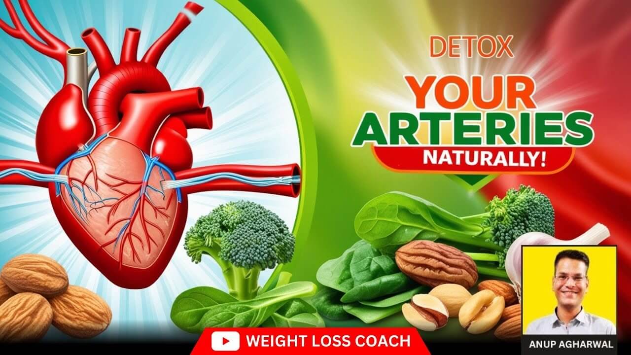Illustration of a healthy heart and arteries on the left, with various heart-friendly foods like broccoli, spinach, and nuts on the right. Bold text reads 'Detox Your Arteries Naturally!' with a photo of Anup Agharwal labeled 'Weight Loss Coach' at the bottom.