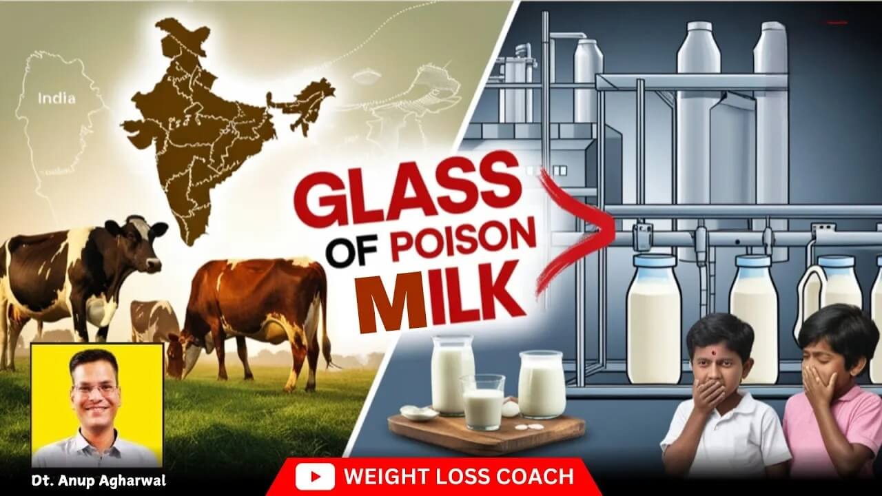 Graphic showing cows in India, milk processing plant, and concerned children with the text 'Glass of Poison Milk', highlighting milk safety concerns by Dt. Anup Aghrawal.