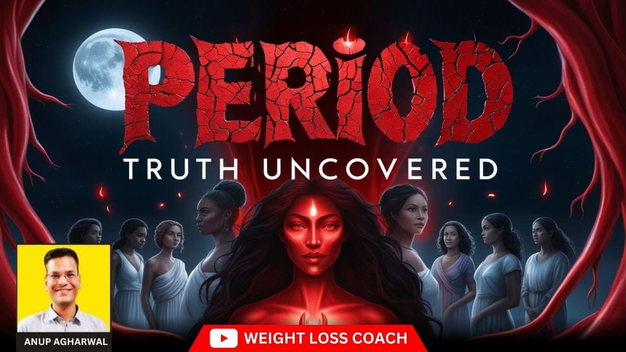 Illustration with the bold red title "PERIOD: Truth Uncovered" featuring a powerful depiction of diverse women standing in solidarity under a full moon, with red tones symbolizing menstruation and empowerment. Anup Agharwal’s photo appears in the bottom left with the label "Weight Loss Coach."