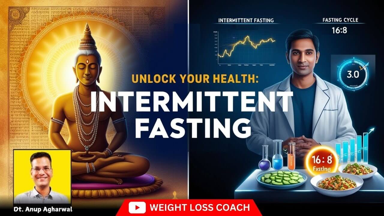Intermittent Fasting video thumbnail featuring a meditating figure on one side and a doctor with fasting charts, healthy food, and '16:8' fasting plan on the other side, with Dt. Anup Agharwal's photo.