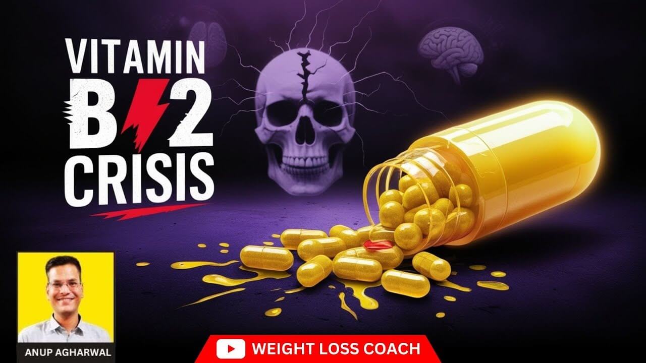 Illustration showing a "Vitamin B12 Crisis" theme with a cracked skull in the background, a brain outline, and a large yellow pill capsule spilling golden tablets, symbolizing the dangers of B12 deficiency. A photo of Anup Aghrawal labeled "Weight Loss Coach" is shown in the corner.