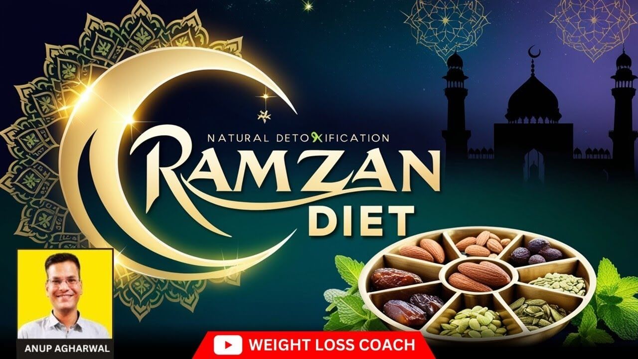 Ramzan Diet plan for natural detoxification featuring a crescent moon, mosque silhouette, assorted dry fruits, and nutritionist Anup Agharwal - Weight Loss Coach.
