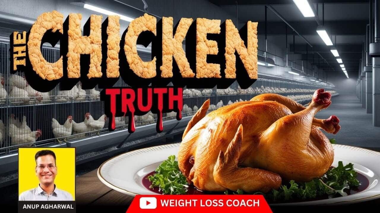 Illustration showing a poultry farm with chickens in cages on the left and a roasted chicken on a plate on the right, with the bold text "The Chicken Truth" above, highlighting concerns around poultry farming and chicken consumption.