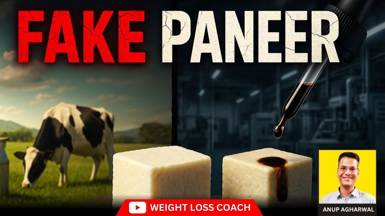 Fake Paneer awareness thumbnail showing a real cow and two paneer cubes, one being tested with a dropper, featuring Dt. Anup Agharwal and labeled 'Weight Loss Coach'