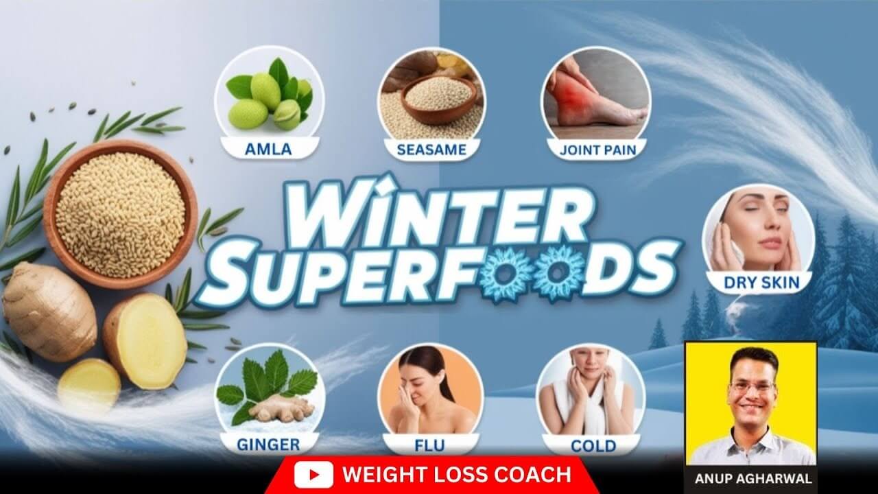 An informative image showcasing natural remedies for common winter ailments such as joint pain, dry skin, flu, and cold. The image features ingredients like amla, sesame, ginger, and highlights their health benefits. Includes a photo of Anup Agharwal, Weight Loss Coach, with a snowy winter background.