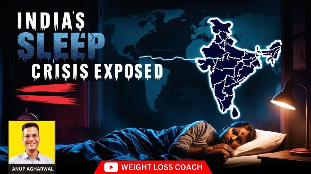 A woman lies awake in bed under a blanket, with a map of India and global map behind her; bold text reads "India's Sleep Crisis Exposed," suggesting a nationwide issue with sleep health.