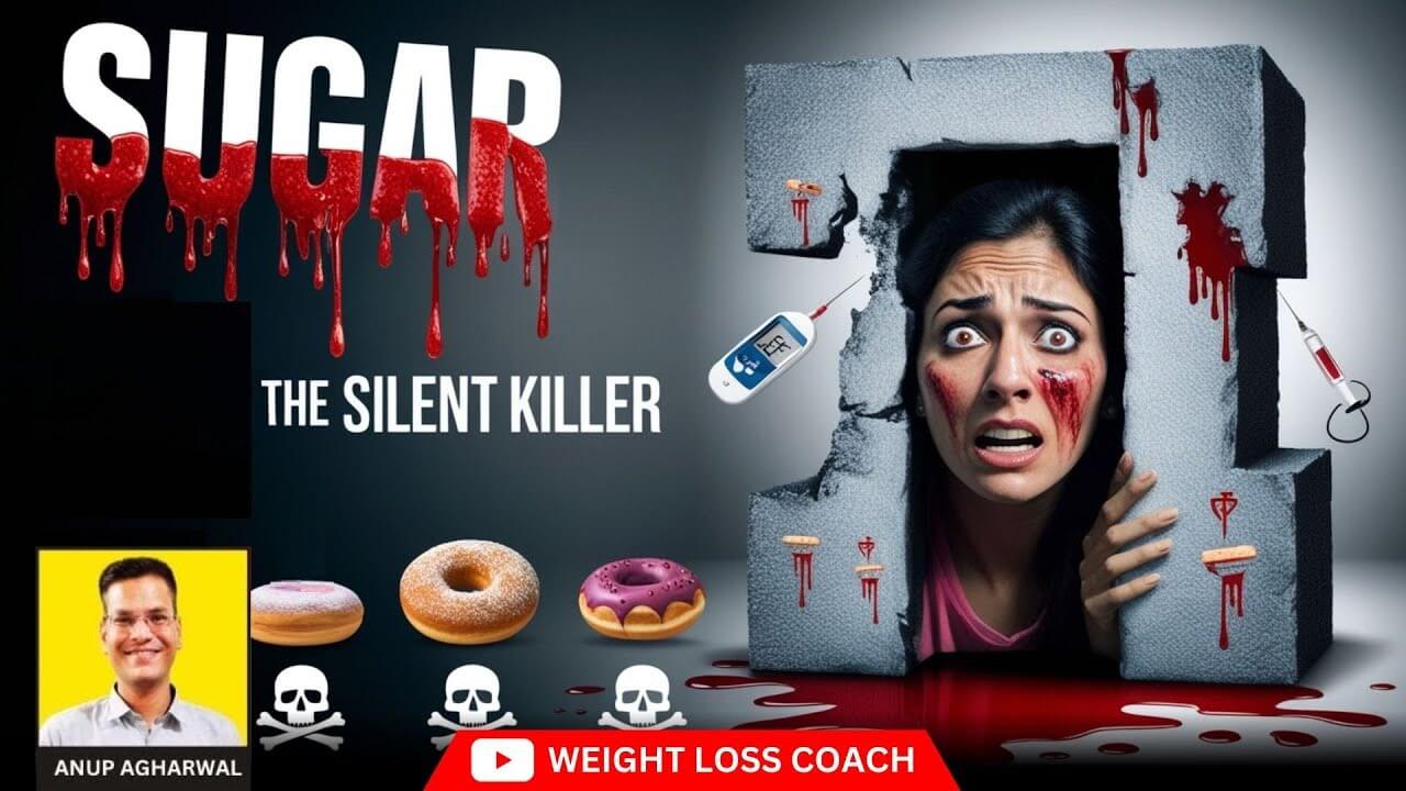 A dramatic health awareness image showing sugar as a silent killer, with a scared woman trapped in a sugar-shaped block, blood effects, syringes, donuts, and skull symbols; thumbnail by weight loss coach Anup Agarwal.