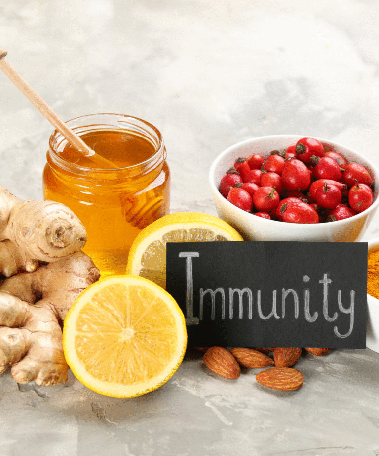 Honey, lemon, ginger, berries, and almonds promoting natural immune health