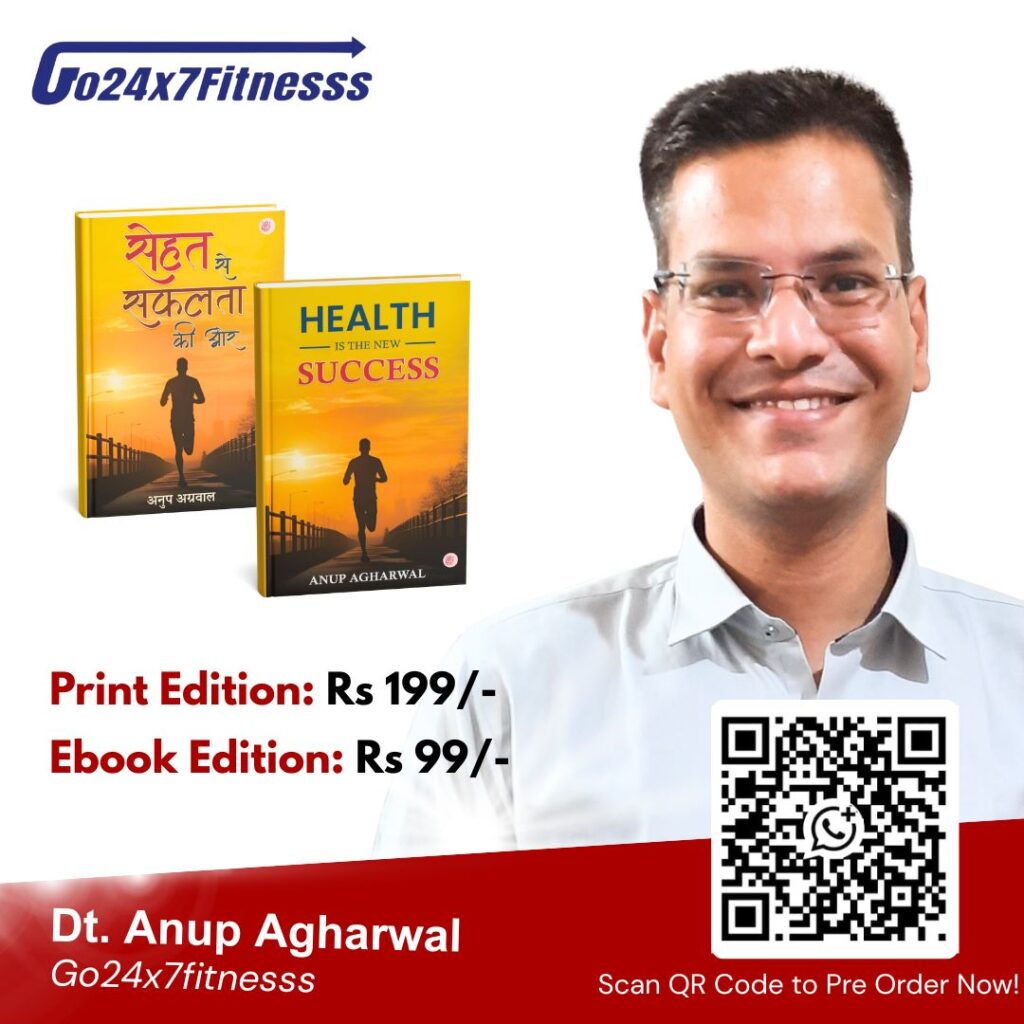 Health Is The New Success book promo with print and ebook editions and Dt Anup Agharwal photo with QR code for pre order