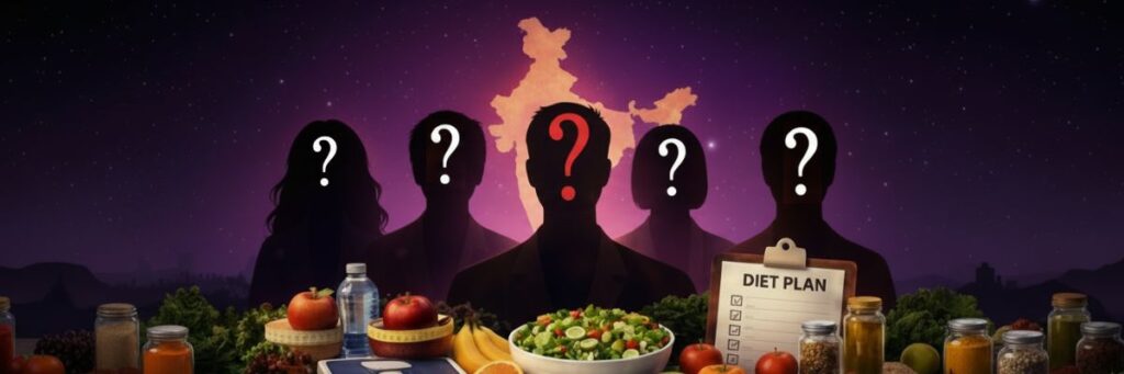 Silhouettes of five people with question marks on their faces in front of a glowing India map, surrounded by healthy foods and a diet plan chart, representing the search for the most famous dietitian in India.