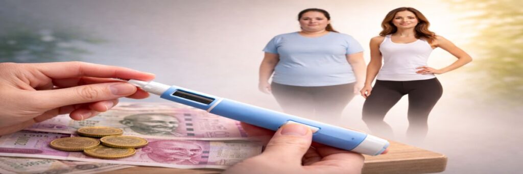 Ozempic injection with Indian currency showing weight loss transformation concept in India