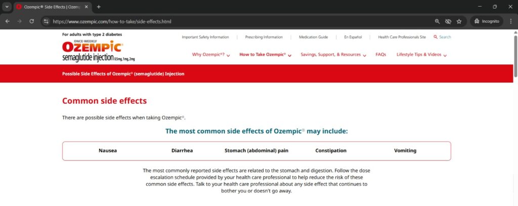 Screenshot from the official Ozempic website listing commonly reported side effects like nausea diarrhea and stomach discomfort