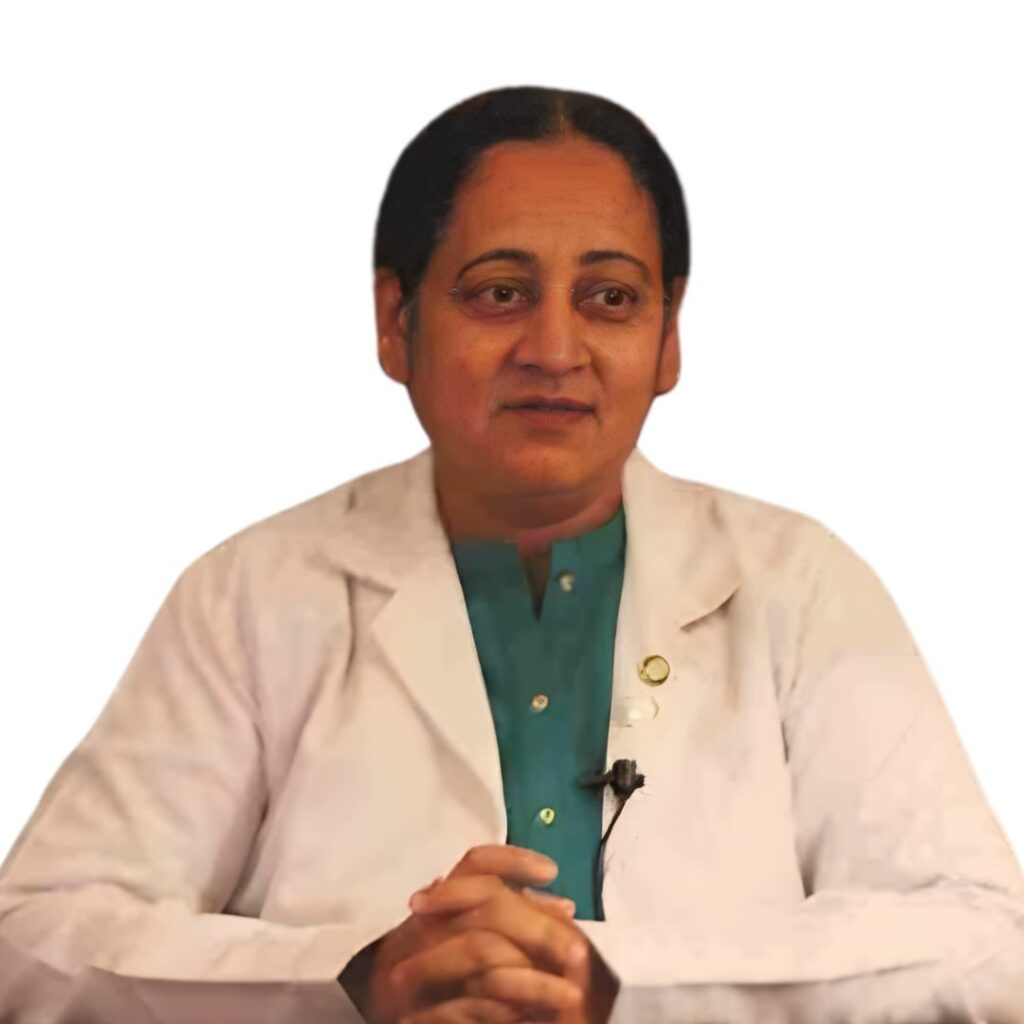 Dr. Nafeesa Imteyaz, famous dietitians in India, is wearing a white lab coat over a green kurta with hands folded, symbolizing professional nutrition and healthcare expertise.
