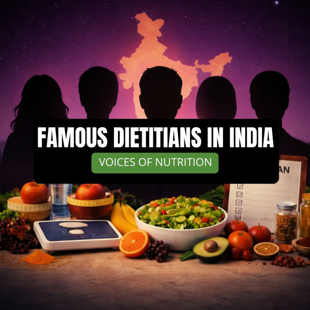 Square featured image for "Famous Dietitians in India" blog with silhouettes, glowing India map, healthy foods, and text "Voices of Nutrition" highlighting top life-transforming nutrition experts.